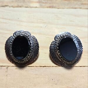 Whiting & Davis Silver Tone and Hematite Clipon Earrings with Intricate Design